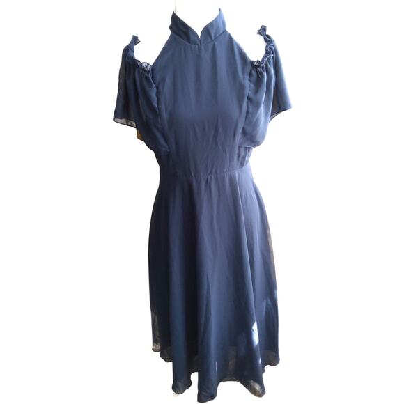 Romantic Flowy Navy ruffled midi dress high neck peekaboo shoulder Sz S - Picture 2 of 8